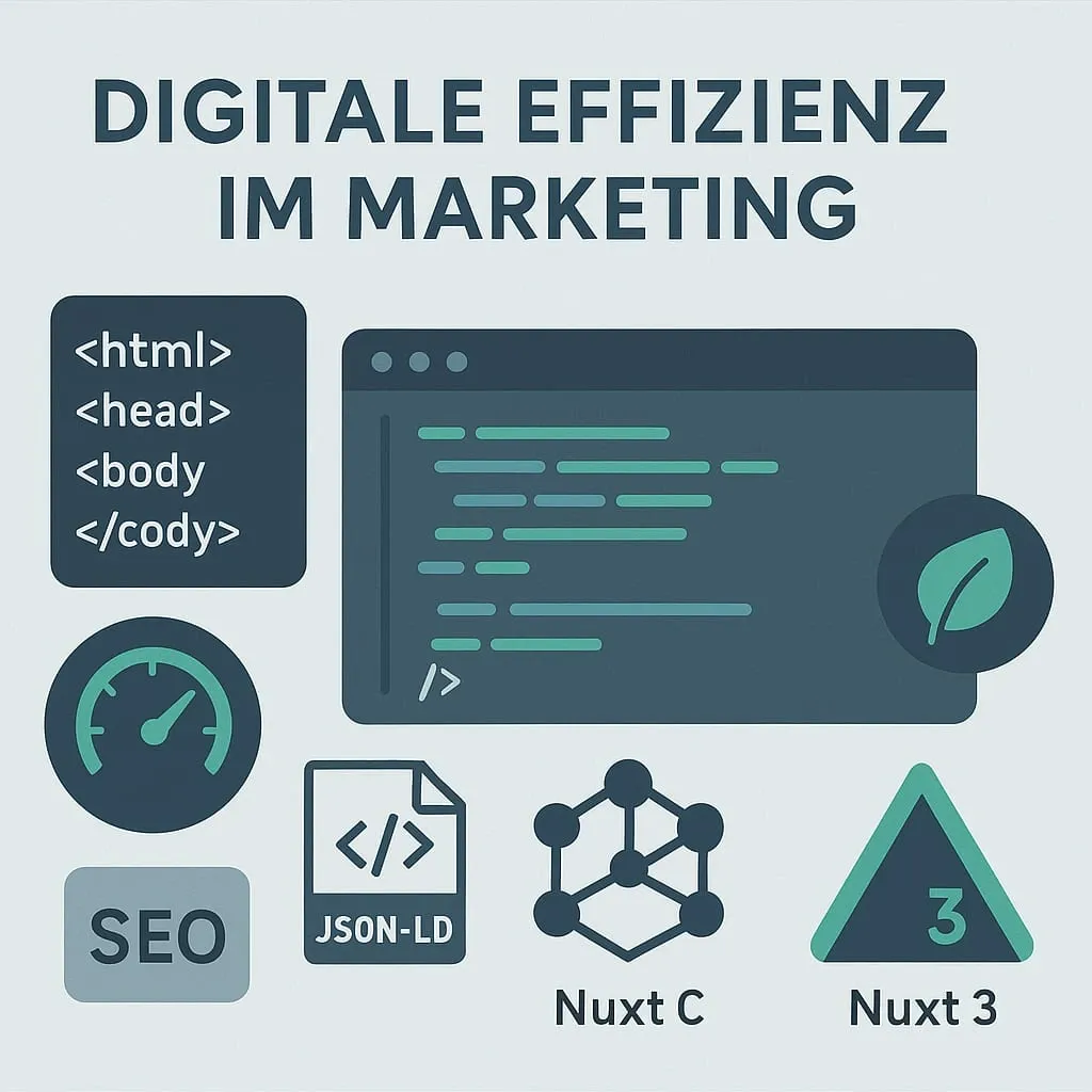 Illustration eines nachhaltigen Webentwicklungs-Konzepts mit Symbolen für sauberen Code, schnelle Ladezeiten, grüne Energie und digitale Effizienz – ideal für Marketingentscheider und moderne Unternehmen.