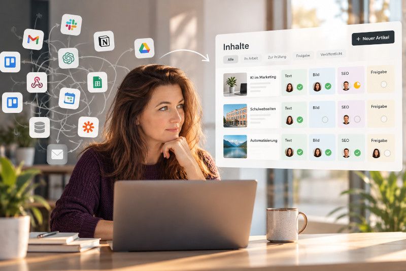 Frau am Laptop schaut auf strukturiertes Dashboard